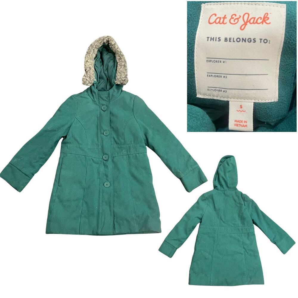 Cat & Jack Youth Girl Faux Fur Hooded Coat Jacket SZ S Kidscore Outerwear Fall